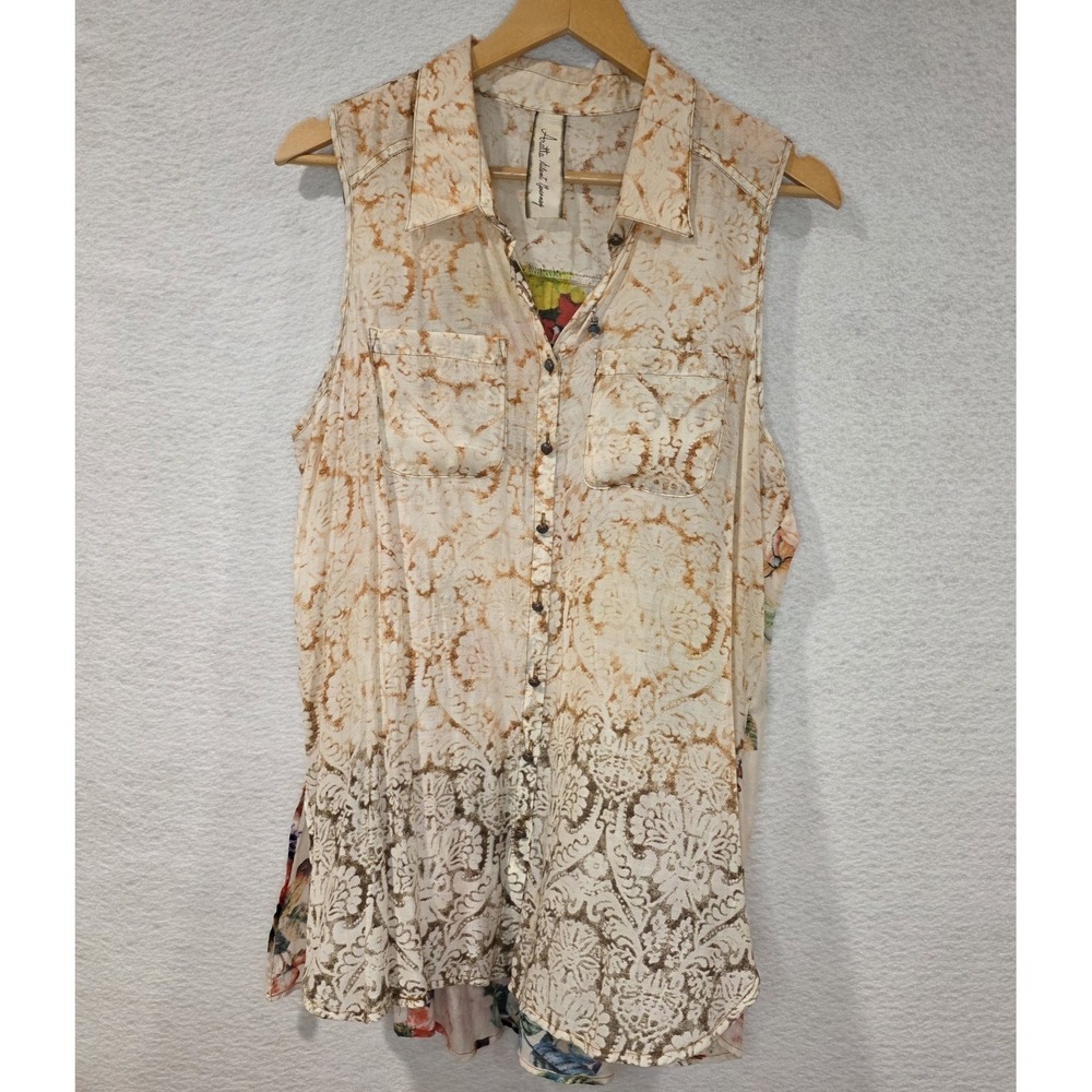 Aratta Silent Journey Sleeveless Button Up‎ Collar Blouse Lightweight Floral Med